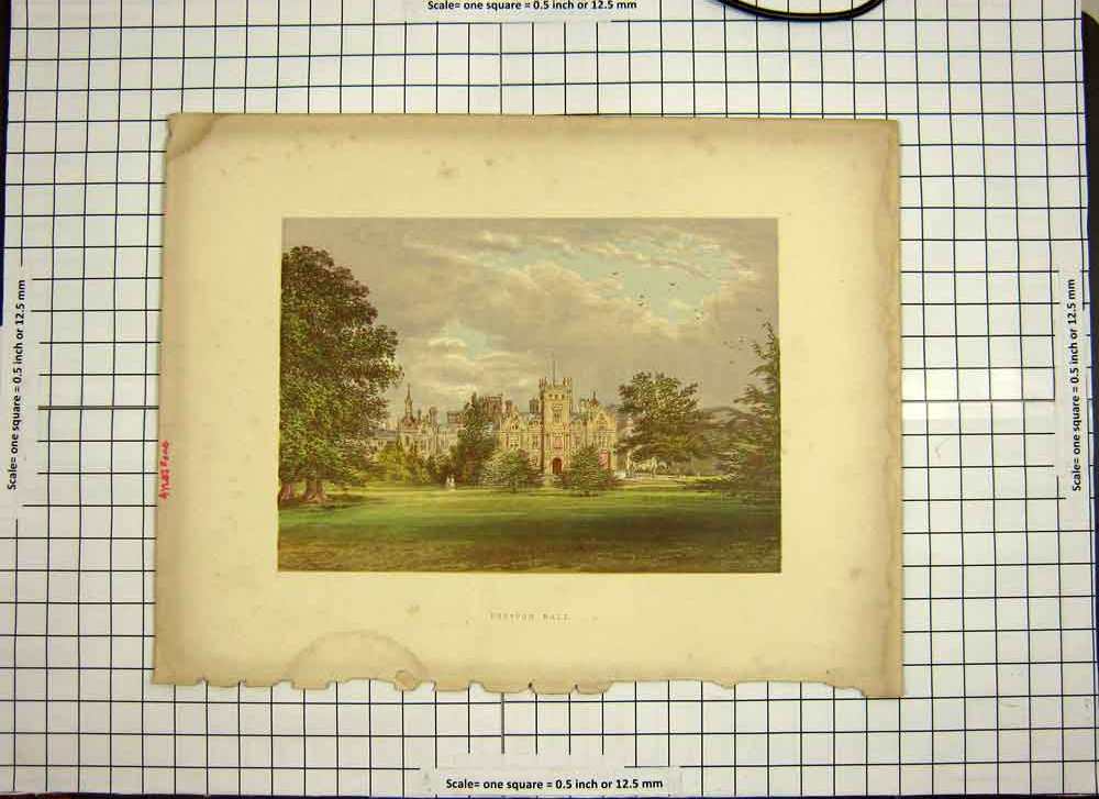 Original Old Antique Print C1790-C1900 Colour Preston Hall Architecture 18th
