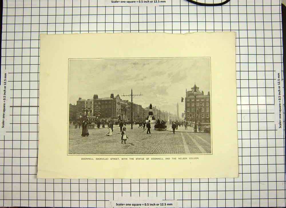 Original Old Antique Print C1790-C1900 O'Connell Sackville Street Nelson Column