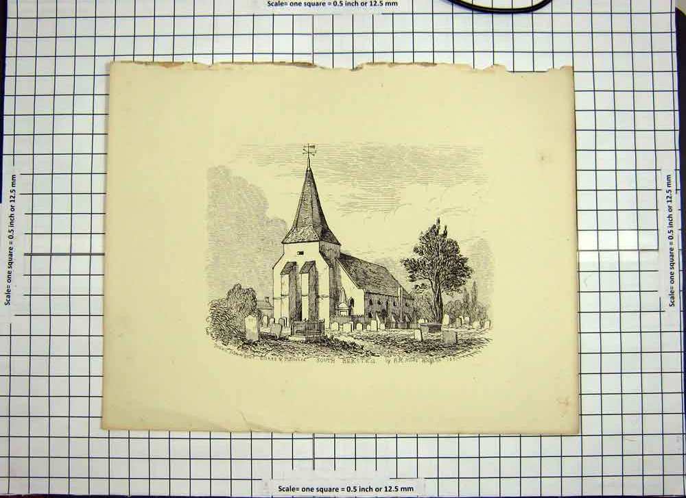 Original Old Antique Print 1851 Church South Bersted Graveyard Architecture