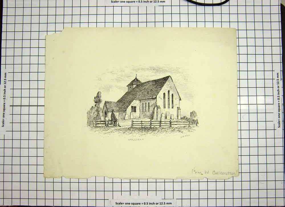Original Old Antique Print C1790-C1900 View Appledram Church Graveyard 18th