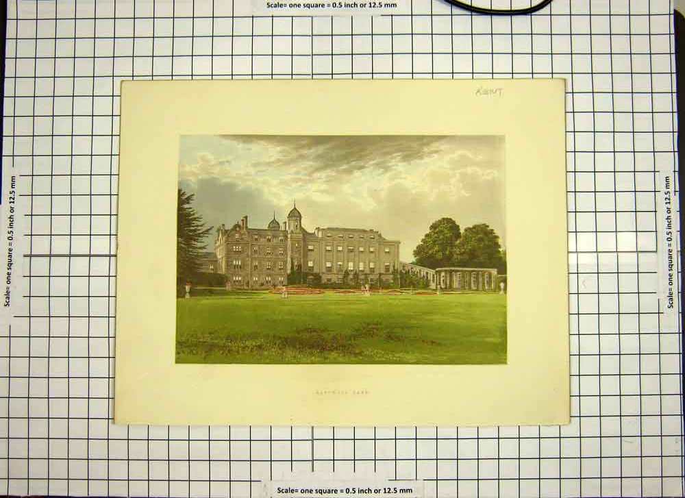Original Old Antique Print C1790-C1900 Eastwell Park Kent England Colour 18th