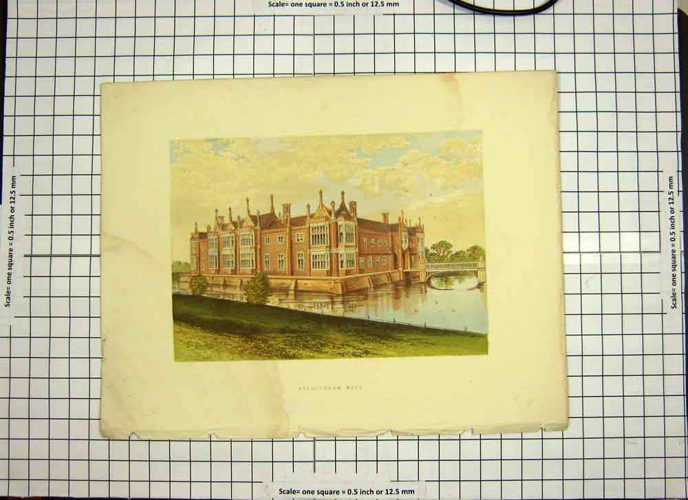 Original Old Antique Print C1790-C1900 Colour Helmingham Hall Mansion House