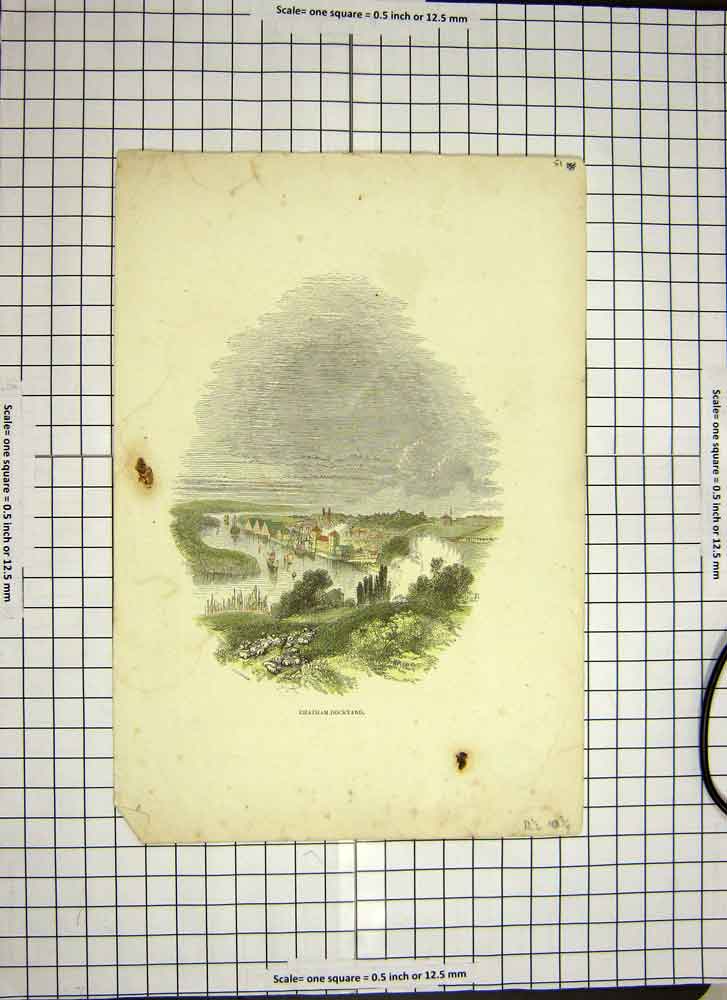 Original Old Antique Print C1790-C1900 Colour View Chatham Dockyard England