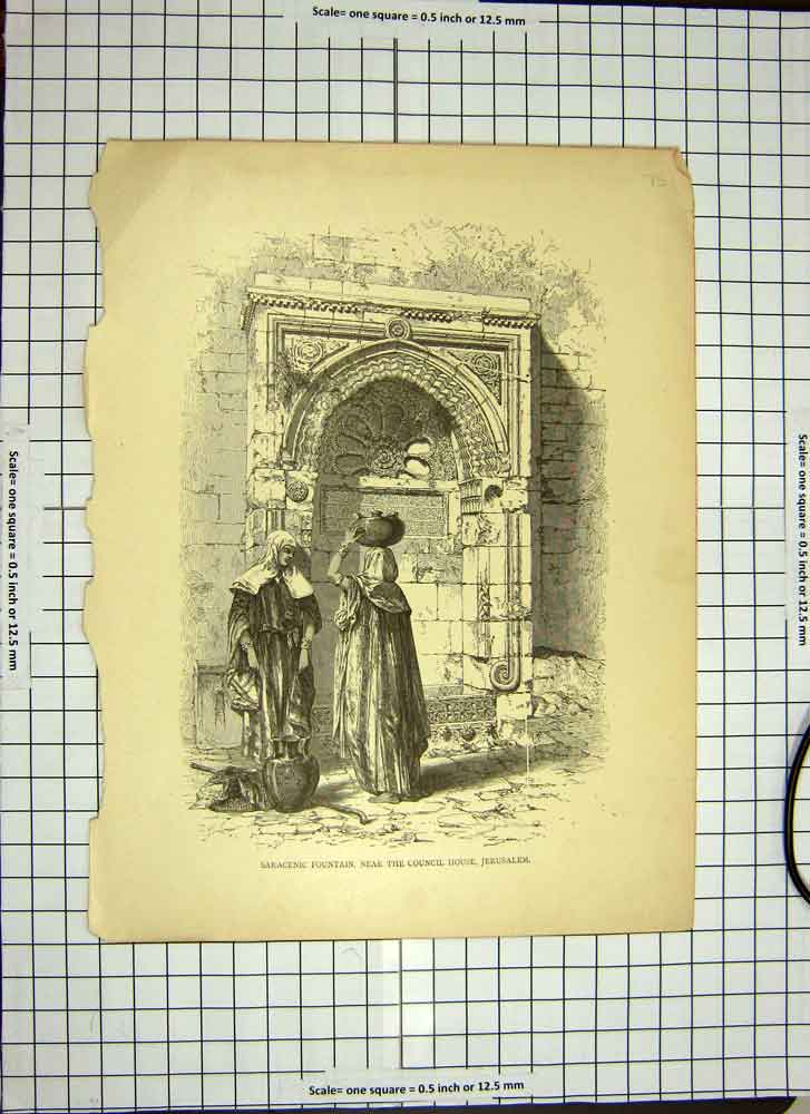 Old Antique Print C1790-C1900 Saracenic Fountain Council House Jerusalem 18th