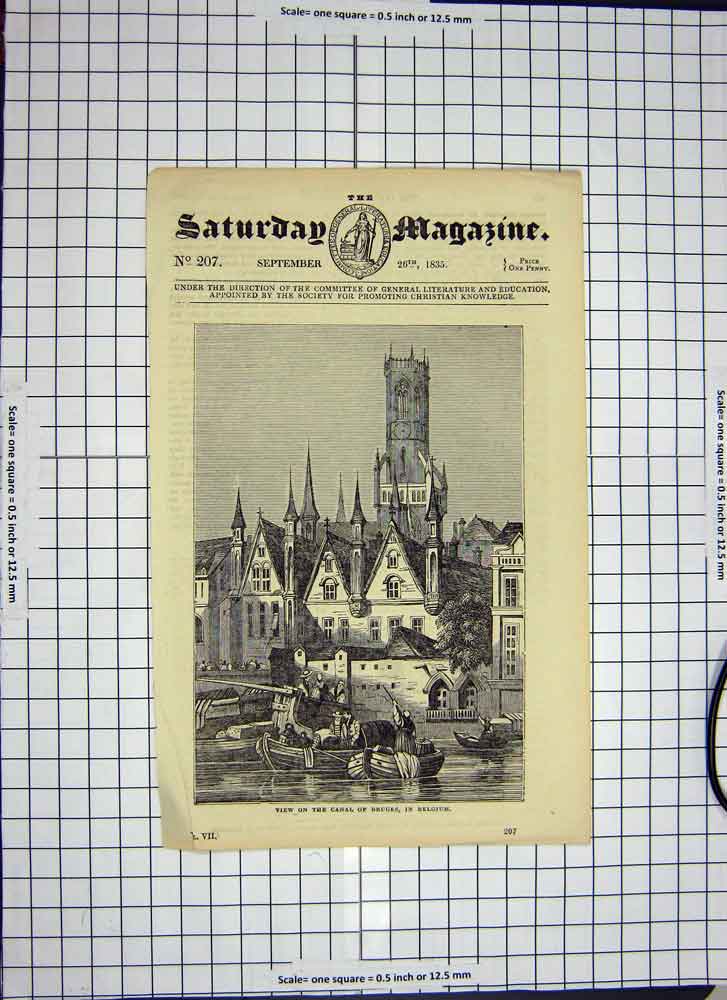 Original Old Antique Print C1790-C1900 View Canal Bruges Belgium Houses Boats