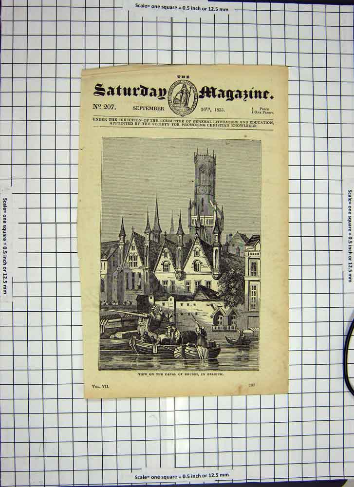 Antique Old Print Ref.530 C1790-C1900 View Canal Bruges Belgium Houses Boats