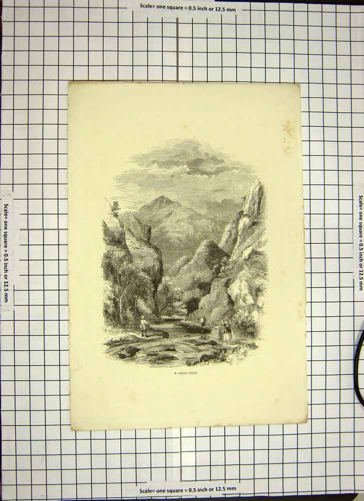 Antique Old Print Ref.532 C1790-C1900 View Dove Dale Mountains River Fishing