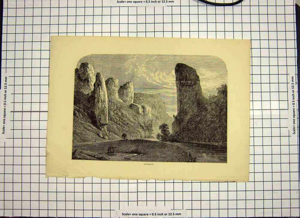 Original Old Antique Print C1790-C1900 View Dovedale Cliffs River 18th Century