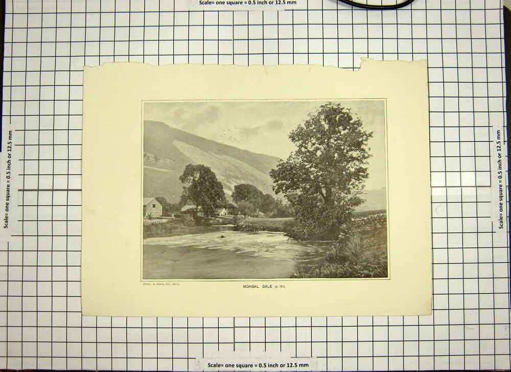 Original Old Antique Print C1790-C1900 Photograph Monsal Dale Trees River Hills