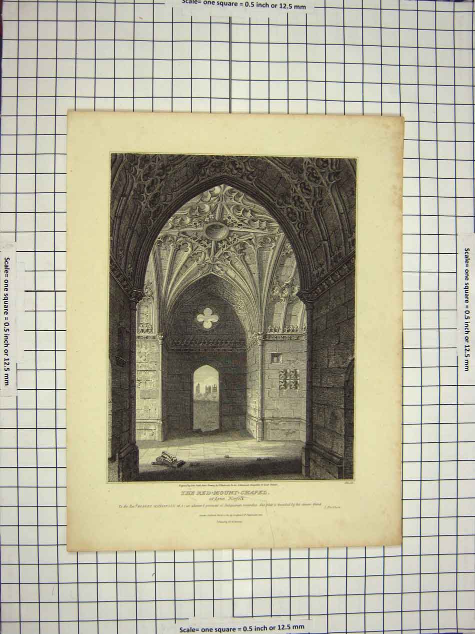 Original Old Antique Print 1811 Interior Red Mount Chapel Lynn Norfolk England