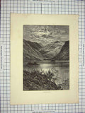 Original Old Antique Print C1790-C1900 View Ulleswater Lake Mountains Moonlight