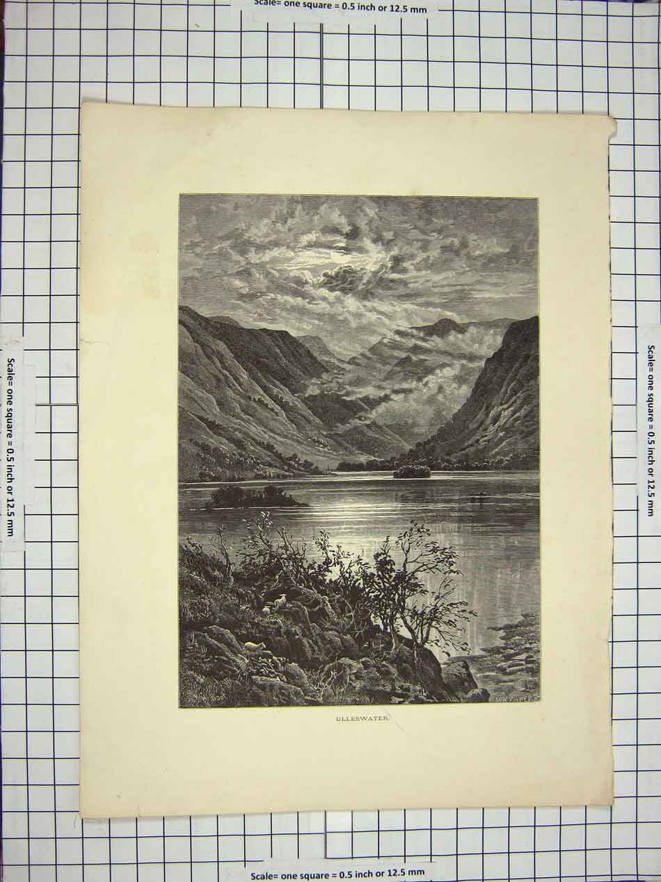 Original Old Antique Print C1790-C1900 View Ulleswater Lake Mountains Moonlight