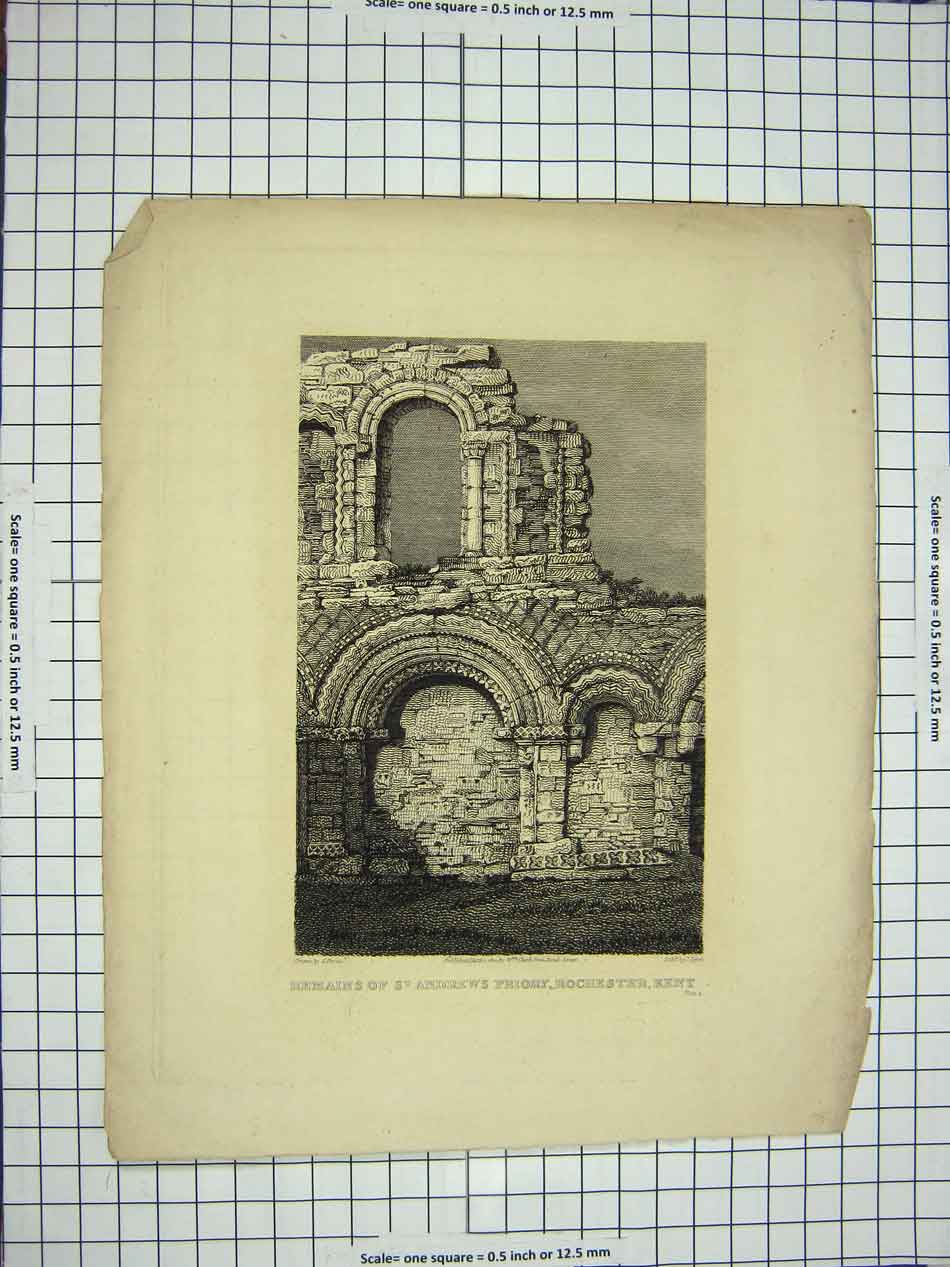 Old Antique Print 1810 Remains St. Andrews Priory Rochester Kent England 19th