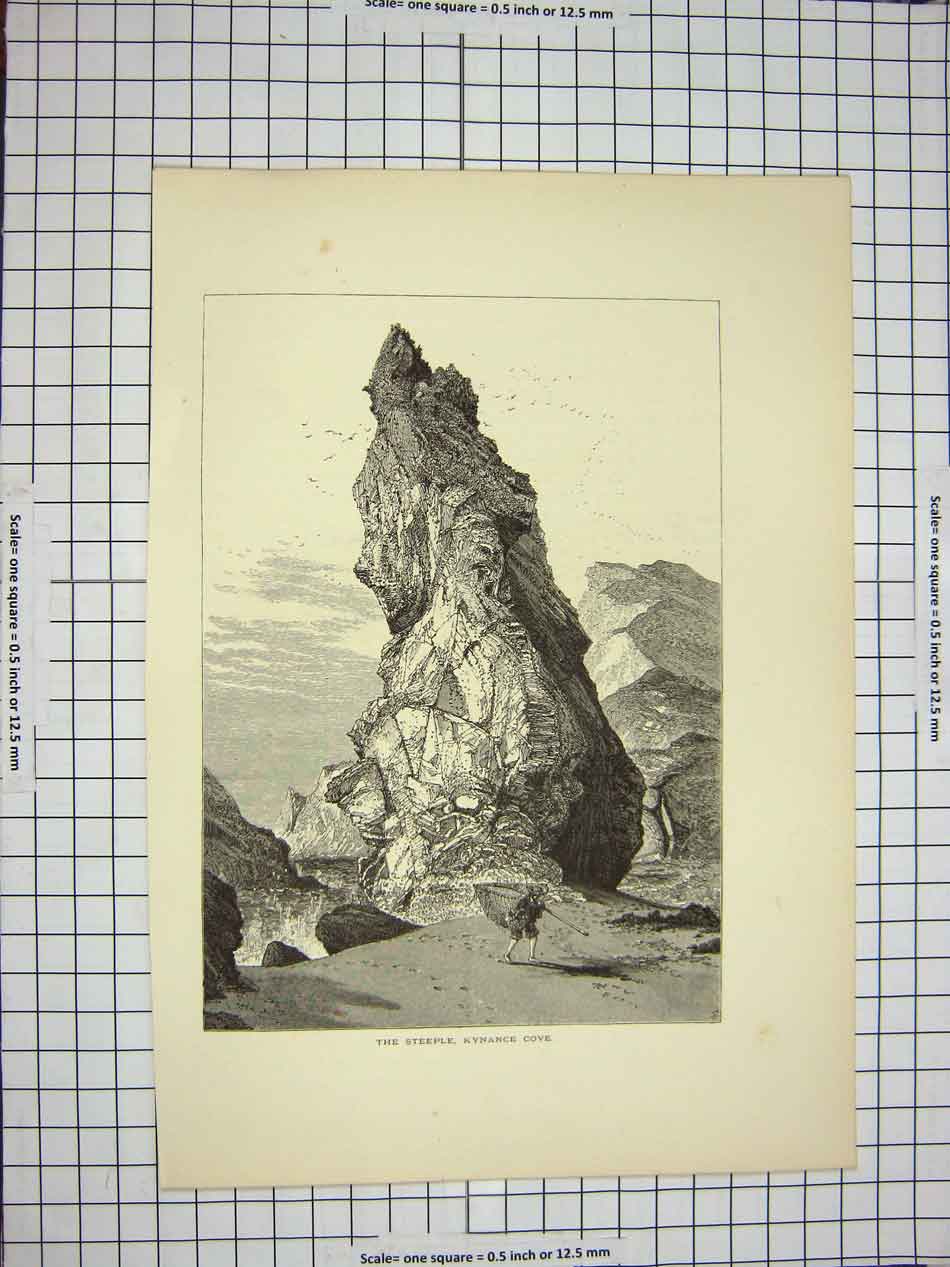 Original Old Antique Print C1790-C1900 Steeple Kynance Cove Rocks Fishing Net