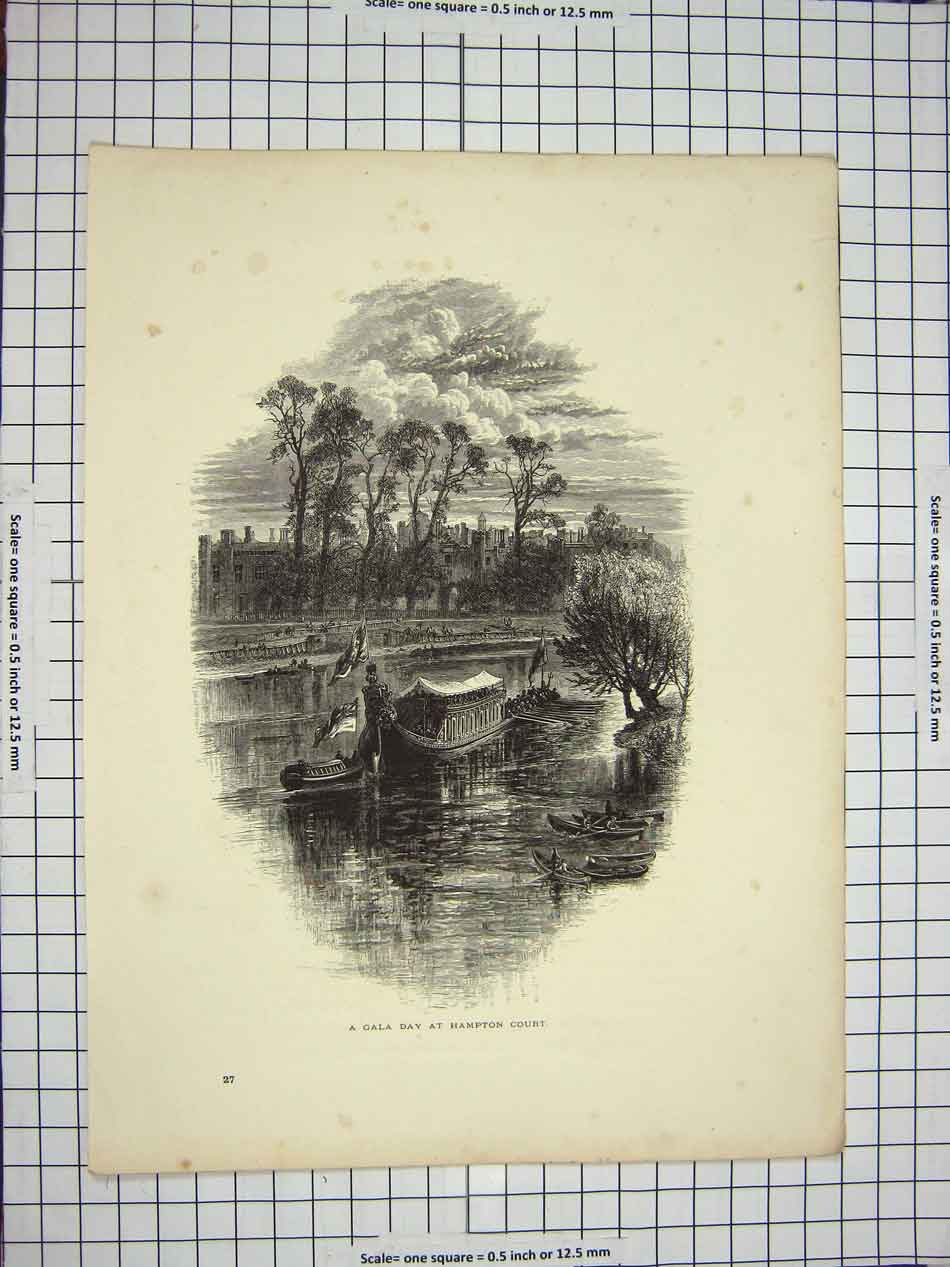 Antique Print Ref.535 C1790-C1900 Scene Gala Day Hampton Court River Boats