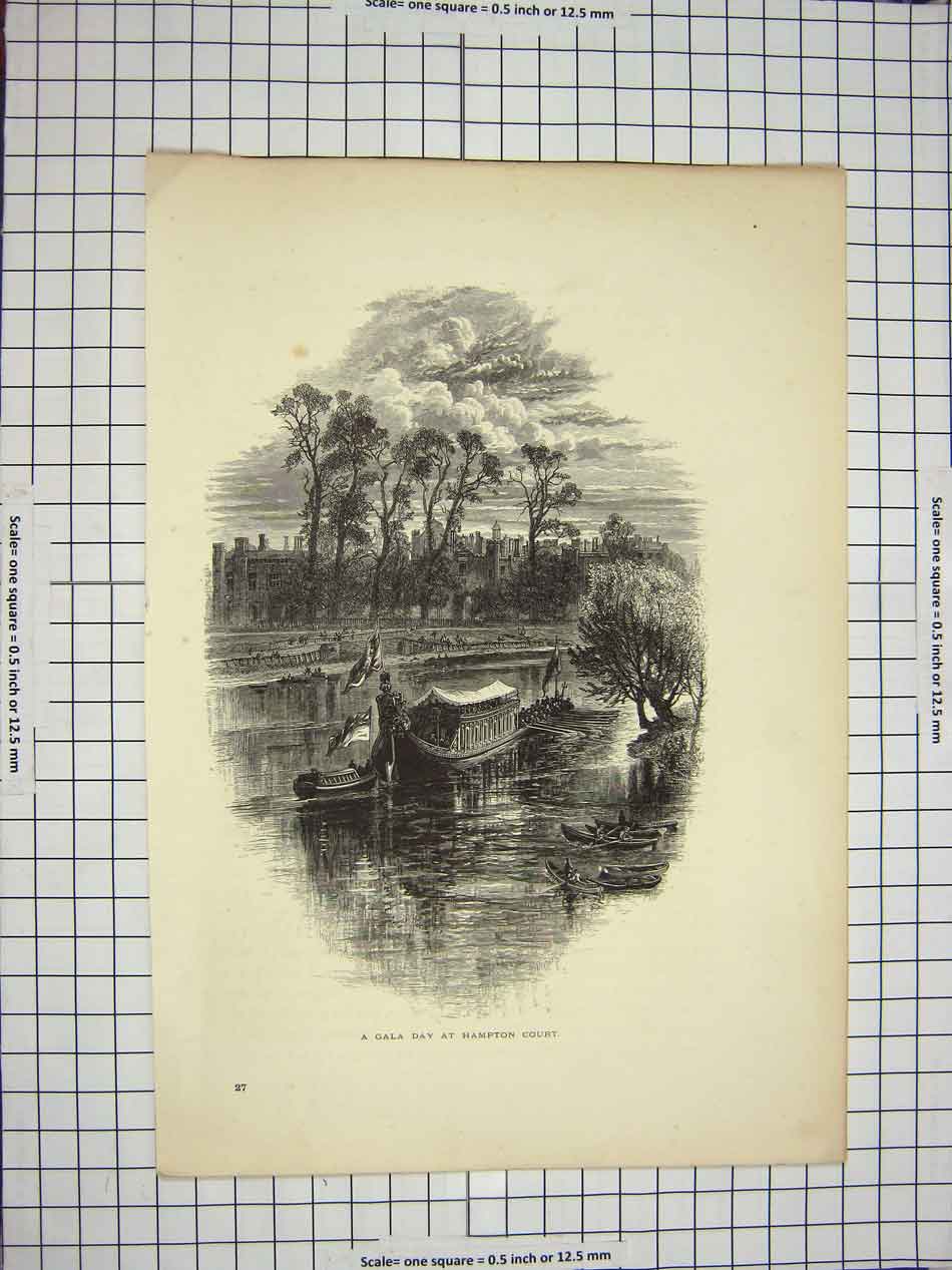Original Old Antique Print C1790-C1900 Scene Gala Day Hampton Court River Boats