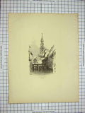 Original Old Antique Print C1790-C1900 Scene River Senne Brussels Tower Belgium
