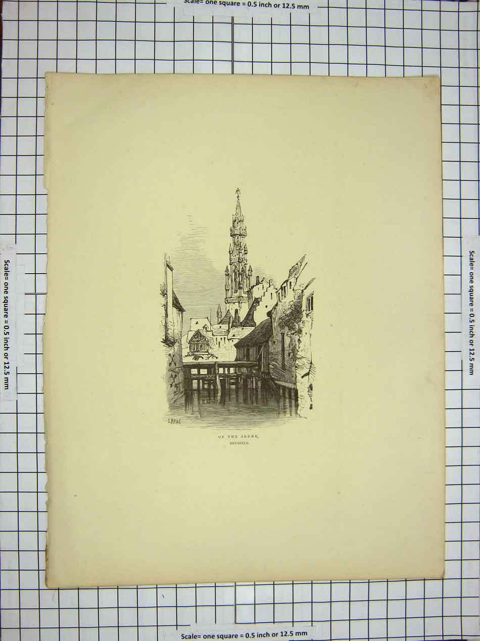 Original Old Antique Print C1790-C1900 Scene River Senne Brussels Tower Belgium