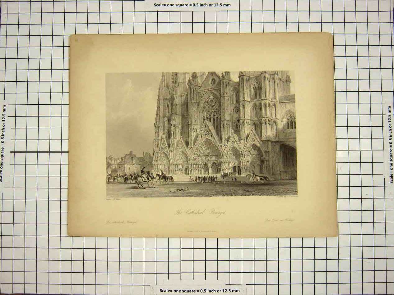 Antique Old Print Ref.534 C1790-C1900 Exterior Cathedral Bourges Architecture