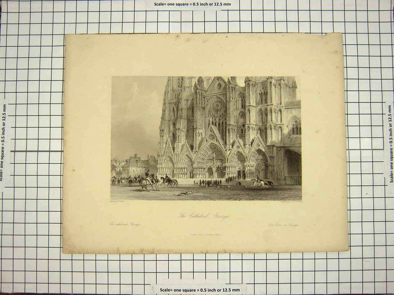 Original Old Antique Print C1790-C1900 Exterior Cathedral Bourges Architecture