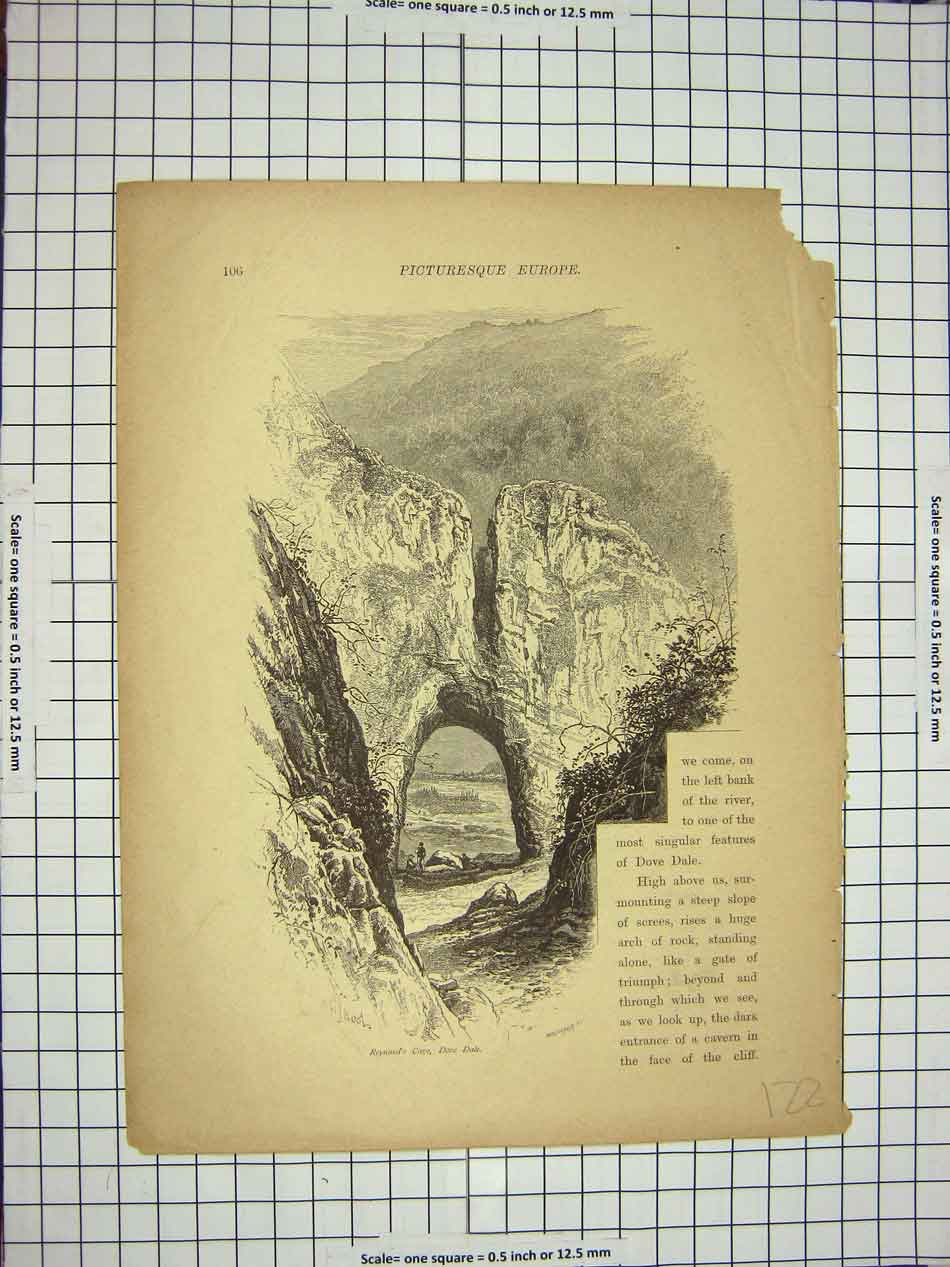 Original Old Antique Print C1790-C1900 View Dove Dale Reynard'S Cave Mountains