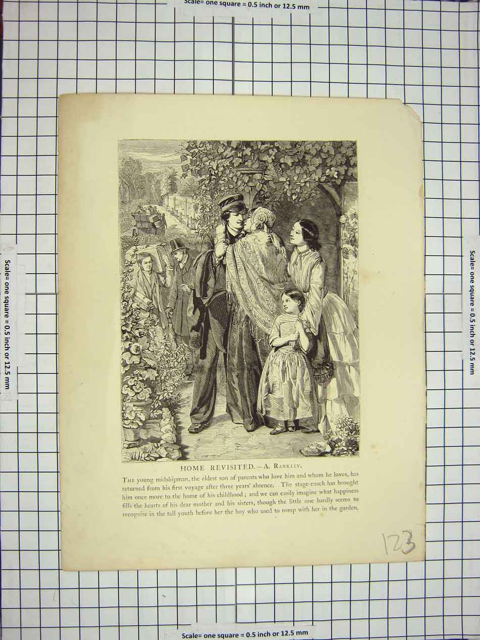 Original Old Antique Print C1790-C1900 Midshipman Visiting Home Family 18th