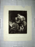 Original Old Antique Print 1829 Lady Glass Tray Man Dog House 19th Century
