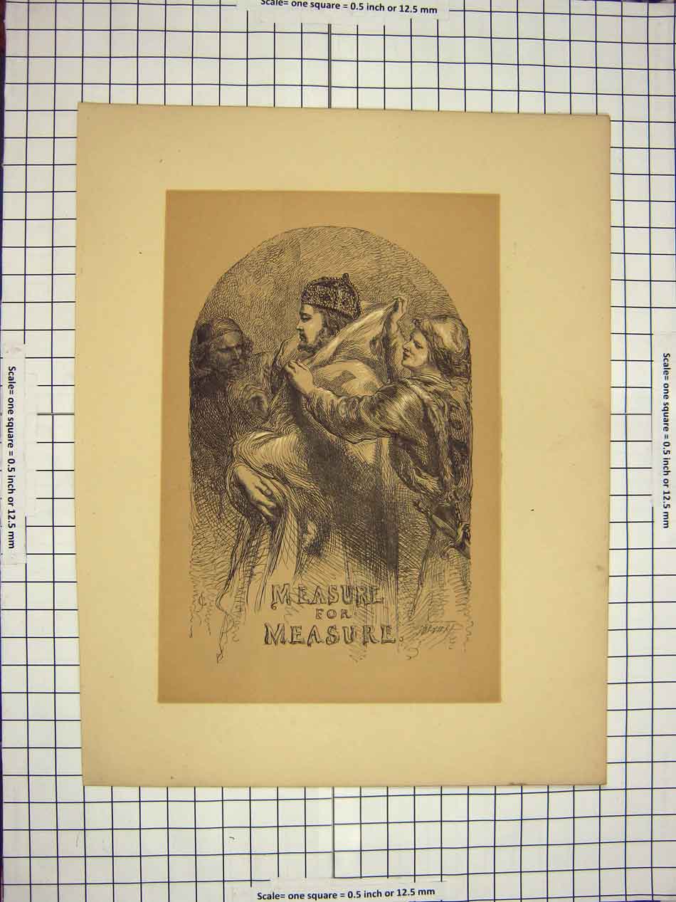Original Old Antique Print C1790-C1900 Shakespere Theatre Measure King Crown
