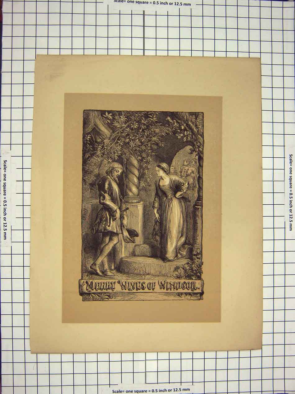 Original Old Antique Print C1790-C1900 Merry Wives Windsor Theatre Scene Actors