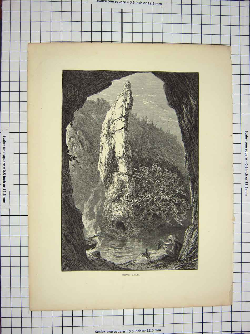 Original Old Antique Print View Dove Dale Rocks River Camp-Fire C1790-C1900