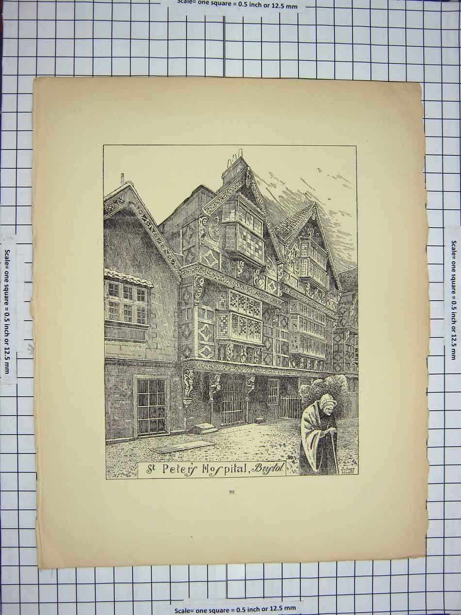 Old Antique Print C1790-C1900 St. Peter'S Hospital Bristol Architecture 18th