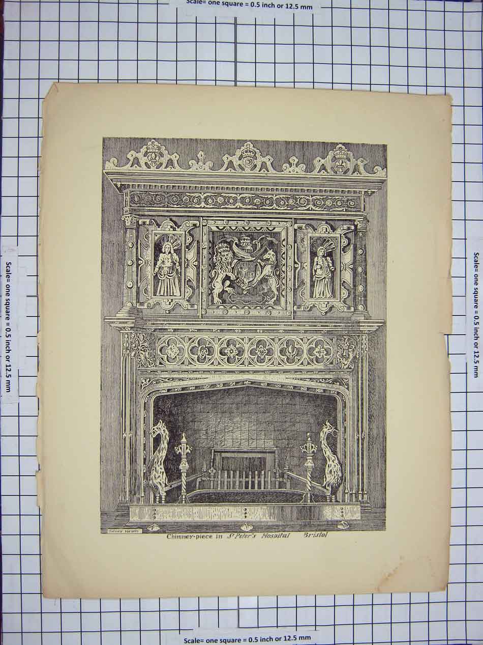 Old Antique Print C1790-C1900 Architecture Chimney-Piece Peter'S Hospital 18th