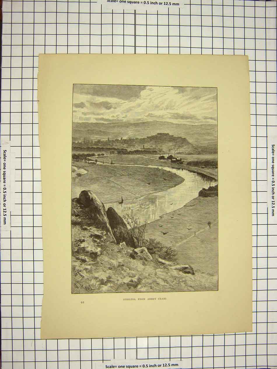 Old Antique Print C1790-C1900 View Stirling Abbey Craig River Mountains 18th