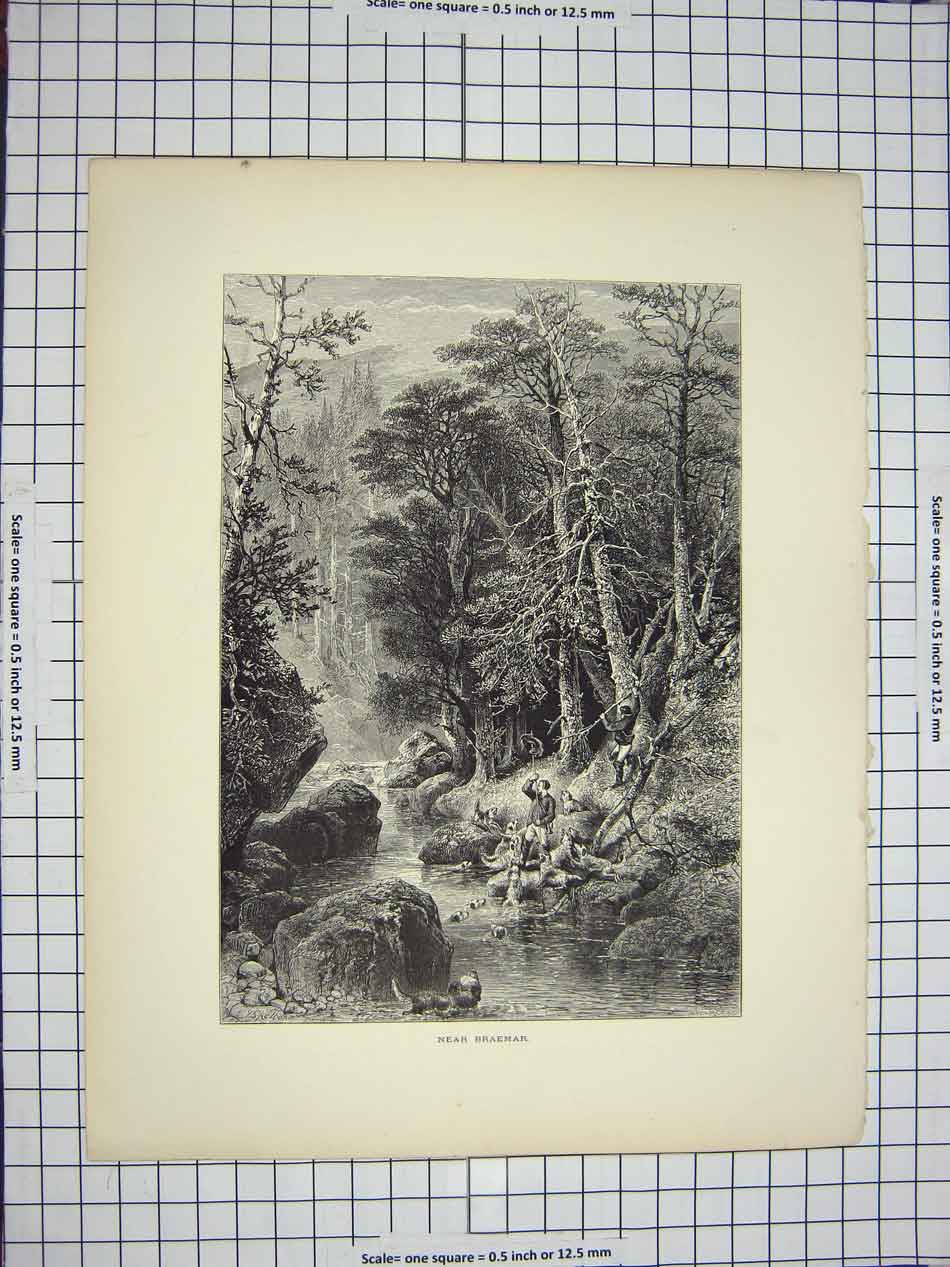 Old Antique Print C1790-C1900 View Braemar Fishing Hunting River Scotland 18th