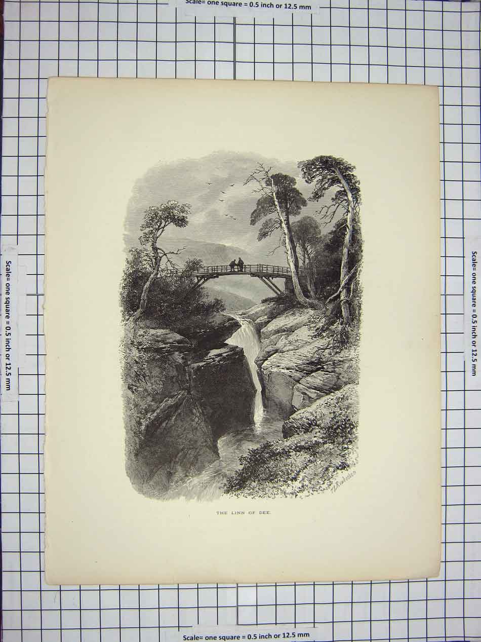 Old Antique Print C1790-C1900 View Linn River Dee Bridge Trees Rowbotham 18th