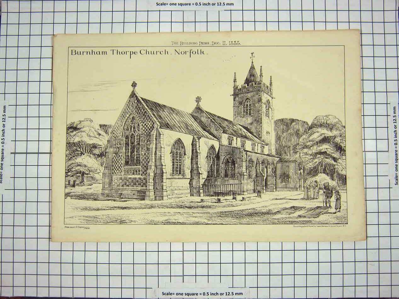 Original Old Antique Print 1855 View Burnham Thorpe Church Norfolk England 19th