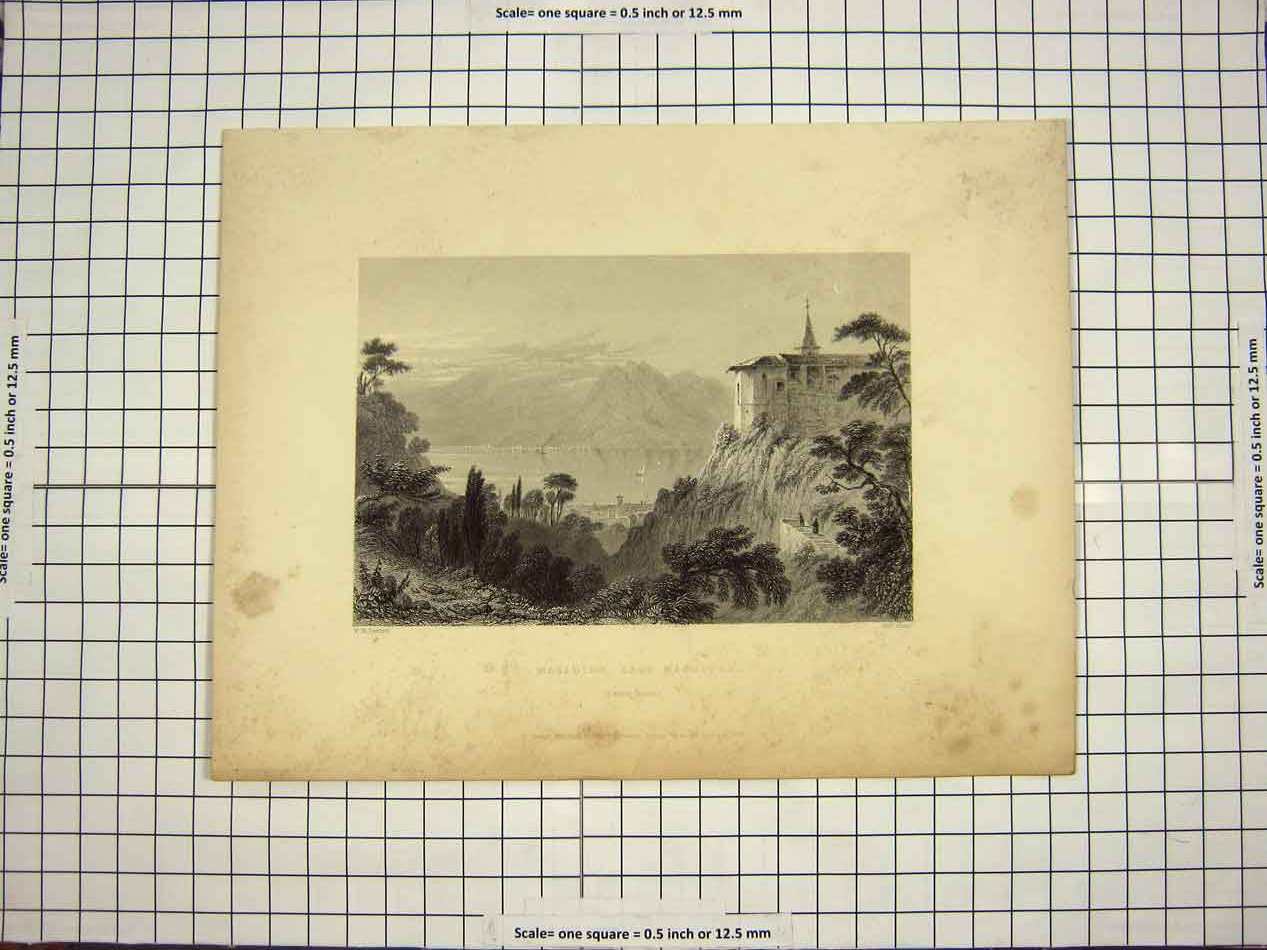 Original Old Antique Print 1835 View Magadino Lago Maggiore Canton Tessin Italy