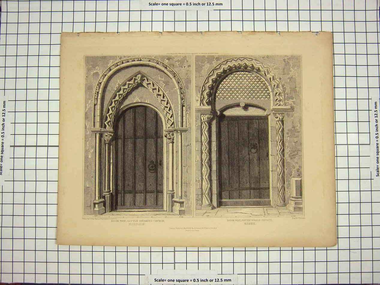 Original Old Antique Print Doorway Little Snoring Church South Weald Essex 1818