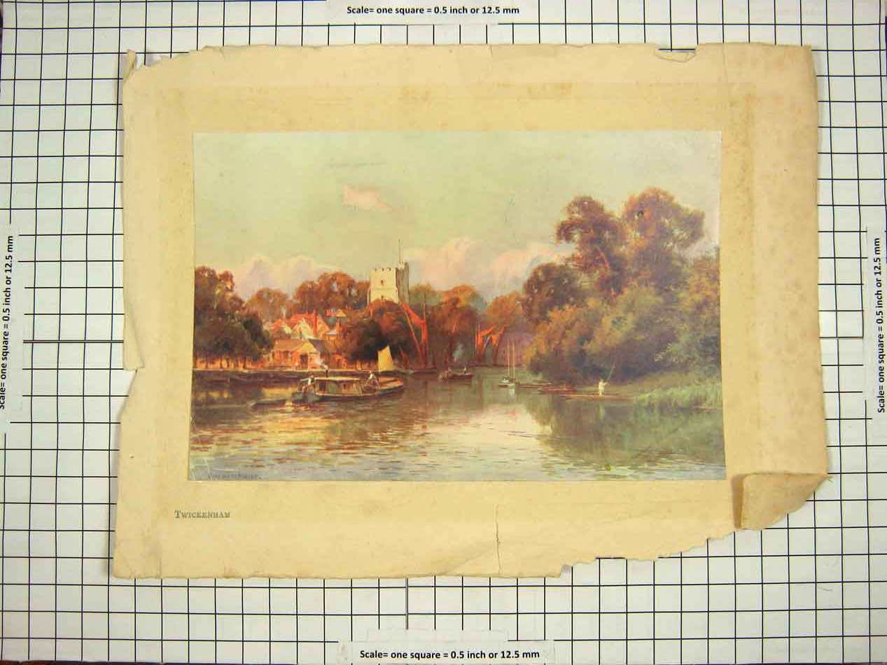 Original Old Antique Print C1790-C1900 Colour View Twickenham Boats River 18th