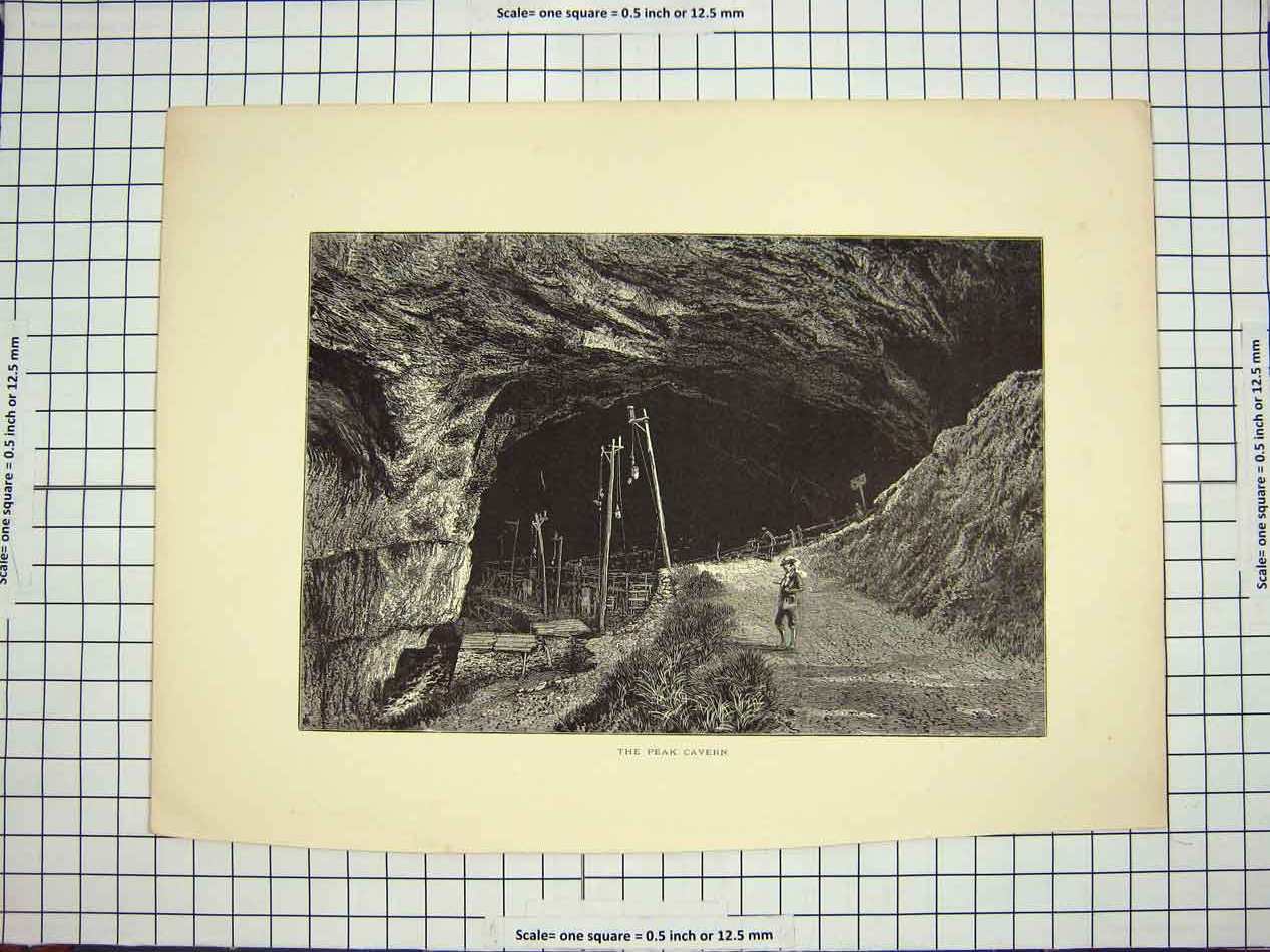 Original Old Antique Print C1790-C1900 View Peak Cavern Cave Man 18th Century