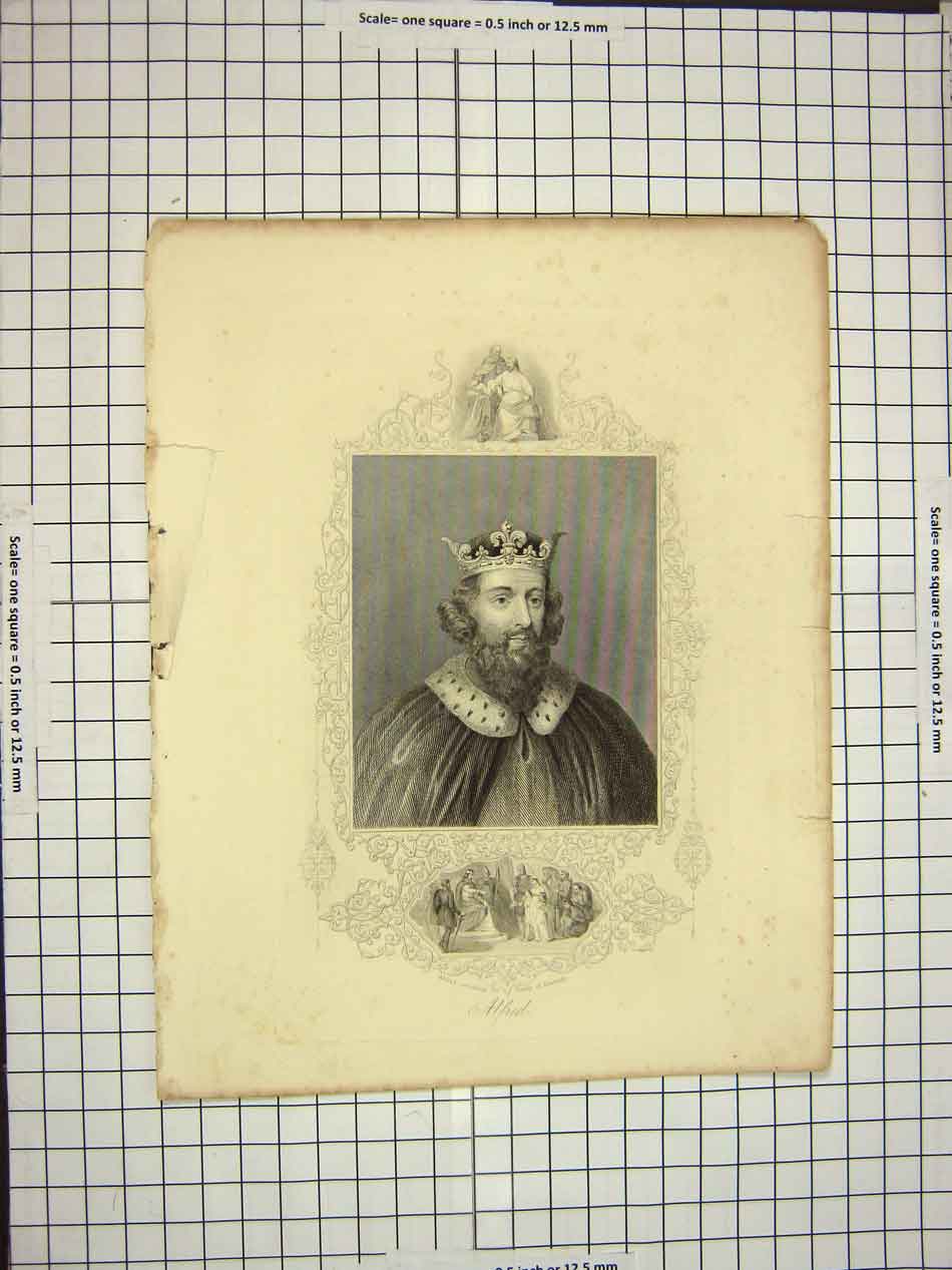 Original Old Antique Print C1790-C1900 Portrait King Alfred Hastings 18th