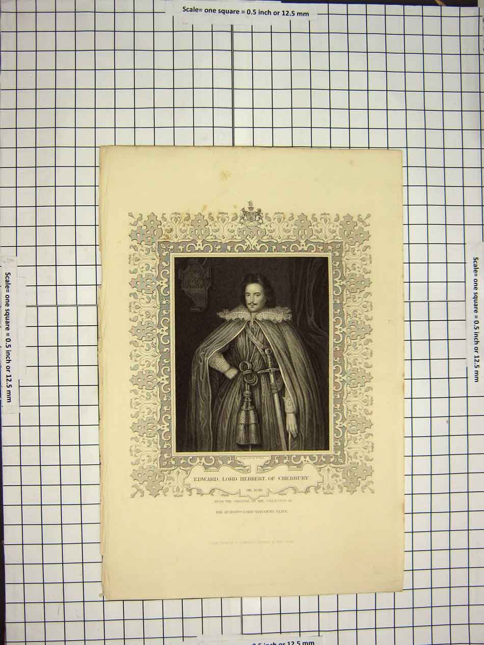 Original Old Antique Print C1790-C1900 Portrait Edward Lord Herbert Cherbury