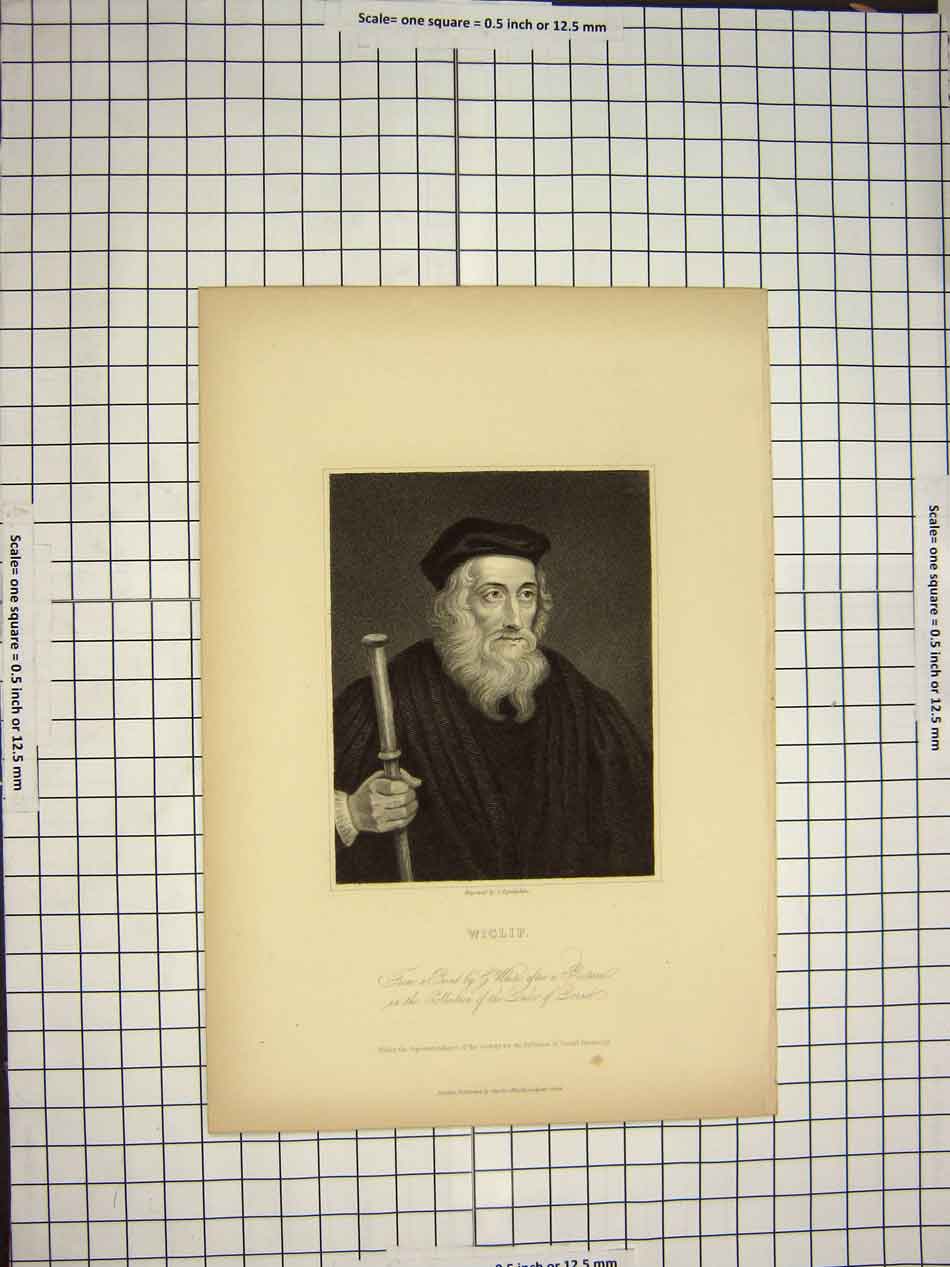 Original Old Antique Print Ref.537 C1790-C1900 Portrait Wiclif Engraving White