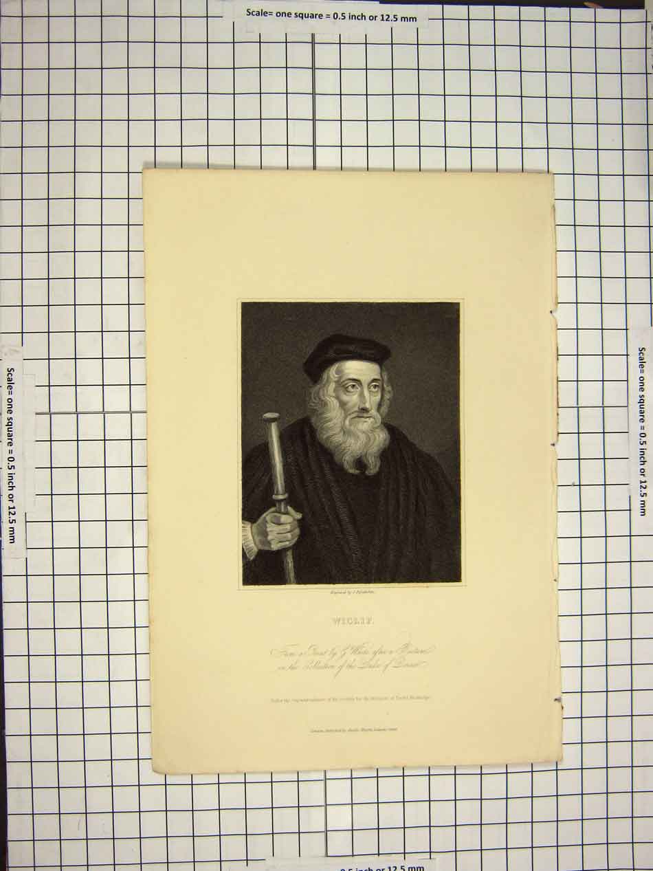 Original Old Antique Print C1790-C1900 Portrait Wiclif Engraving White 18th