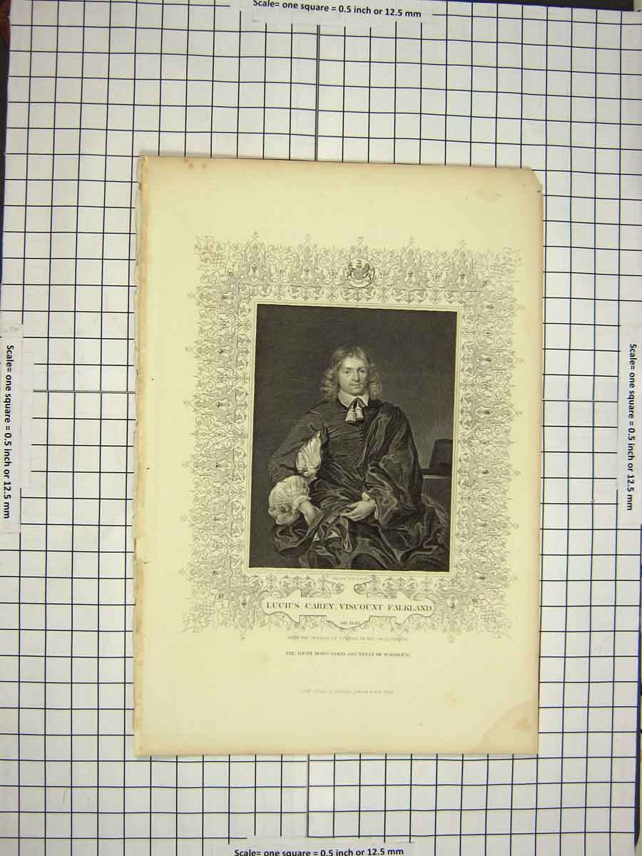 Original Old Antique Print C1790-C1900 Portrait Lucius Carey Viscount Falkland