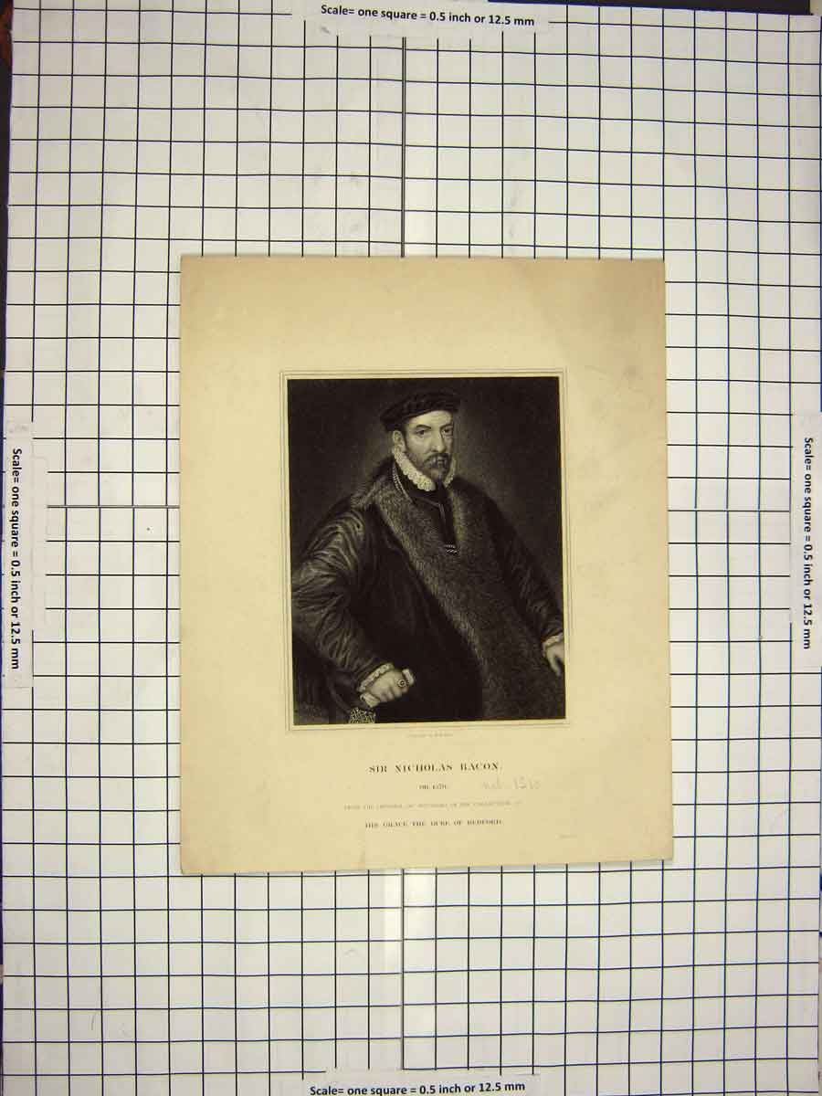 Original Old Antique Print C1790-C1900 Portrait Sir Nicholas Bacon Mote 18th