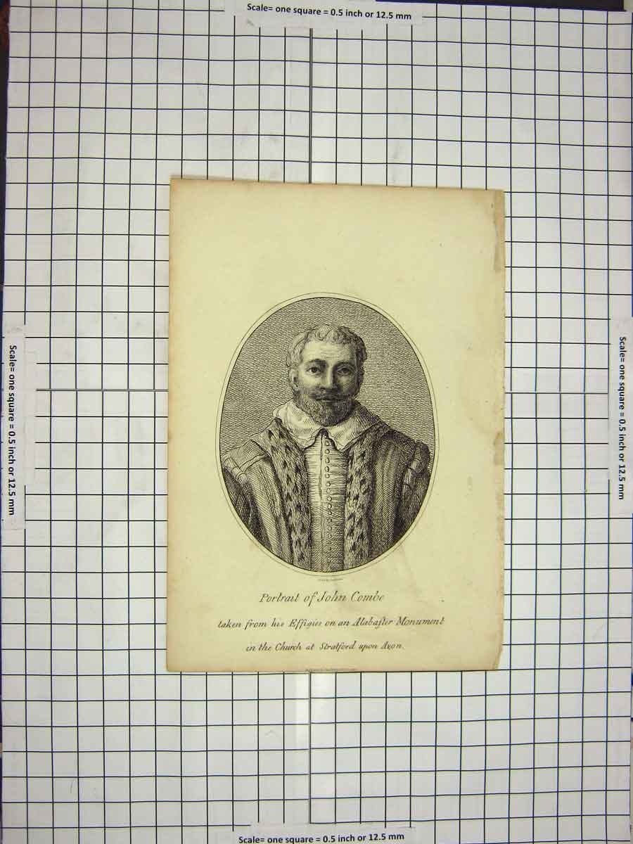 Original Old Antique Print C1790-C1900 Portrait John Combe Alabaster 18th