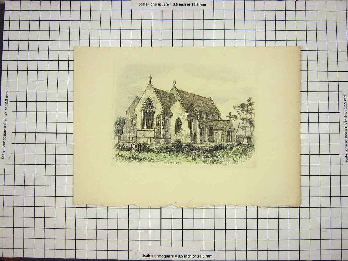 Original Old Antique Print C1790-C1900 Architecture Church Framfield Colour