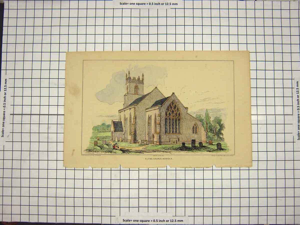 Old Antique Print C1790-C1900 Elsing Church Norfolk Architecture Colour 18th