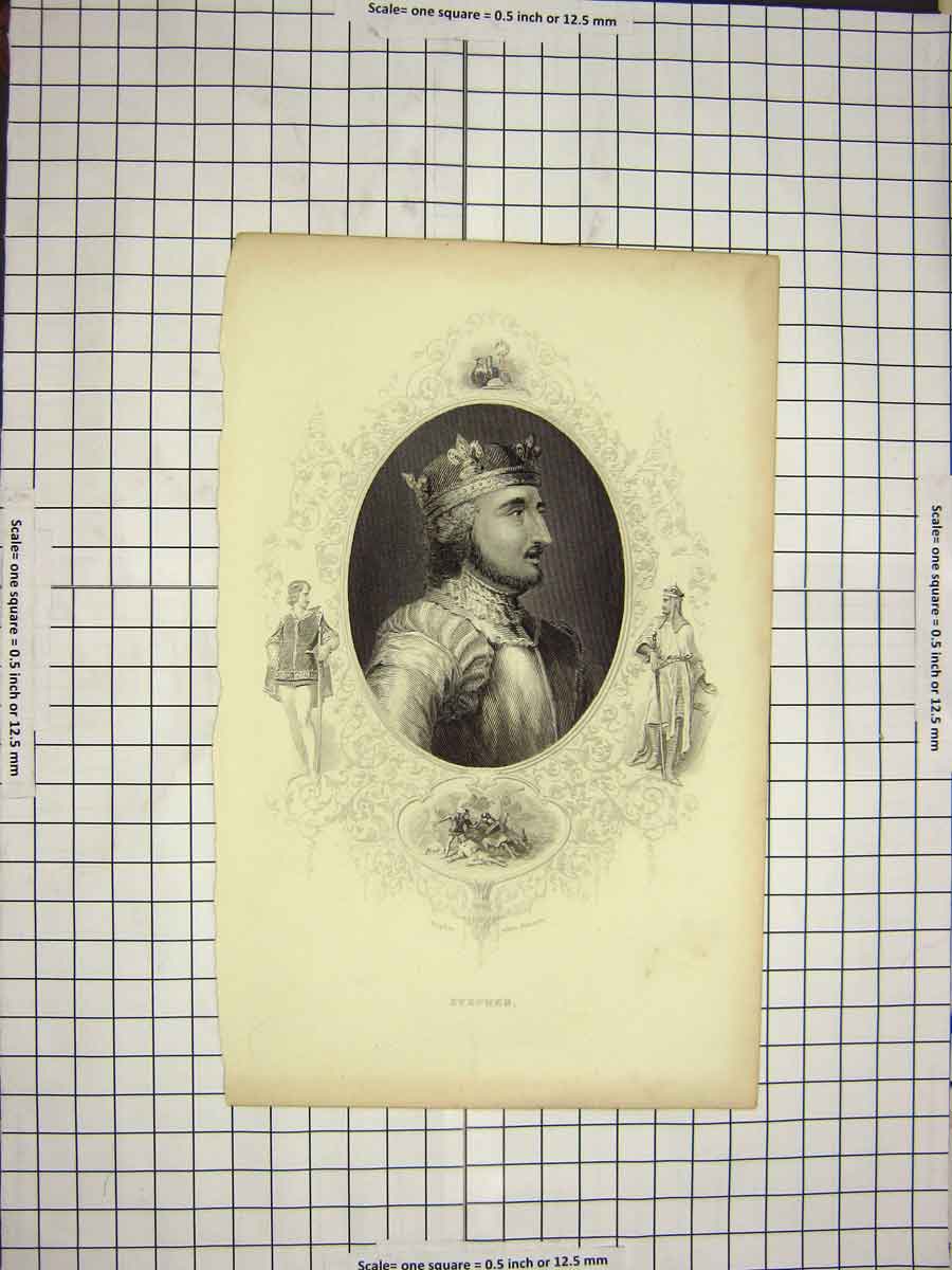 Original Old Antique Print Ref.562 C1790-C1900 Portrait King Stephen Engraving